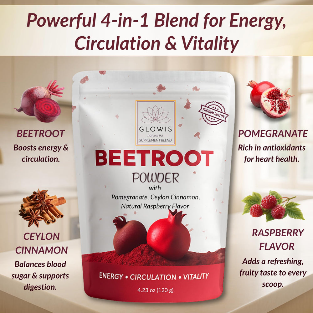 GLOWIS beet root powder smoothie-bowl with vibrant color and fruity notes