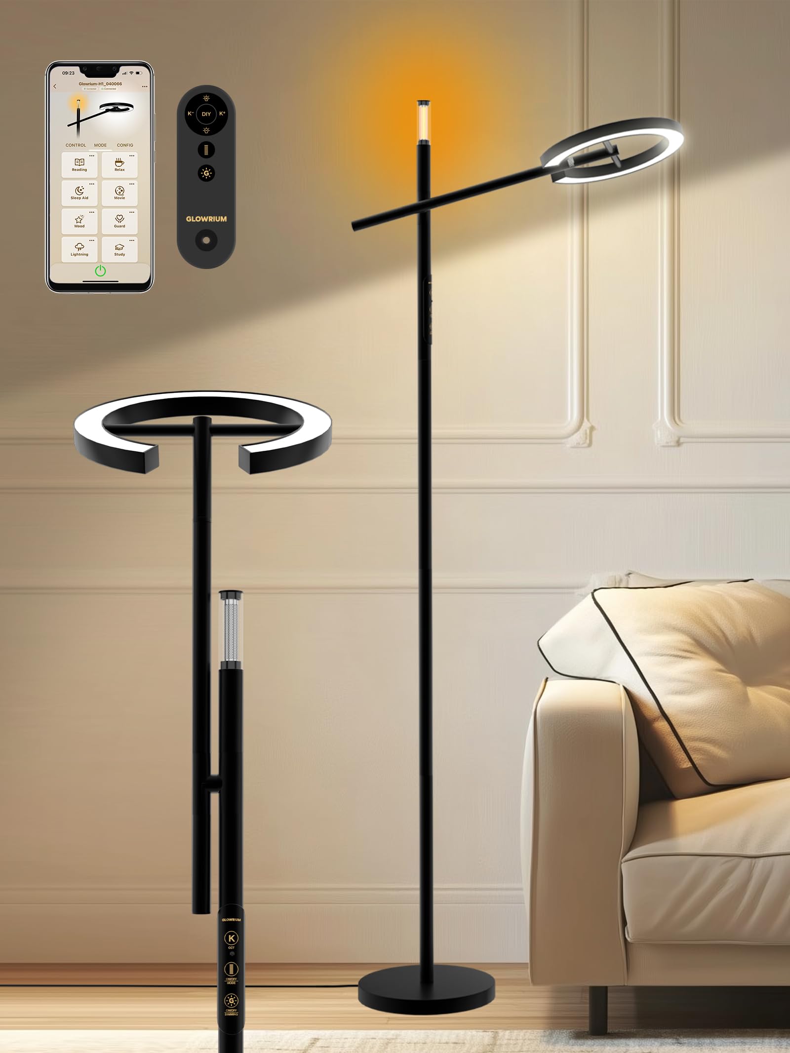GLOWRIUM 10000 Lux lamp front view, daylight-like illumination for mood support.