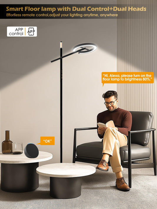 GLOWRIUM dual-head floor lamp with adjustable head for reading.