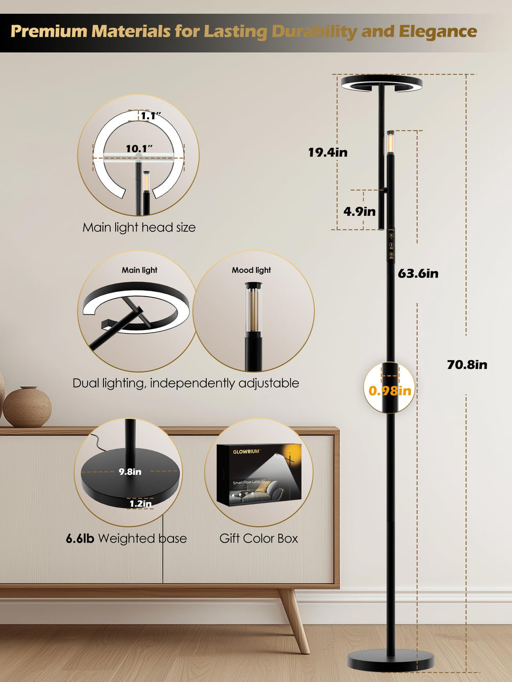GLOWRIUM base stability and long-lasting LEDs for reliability.