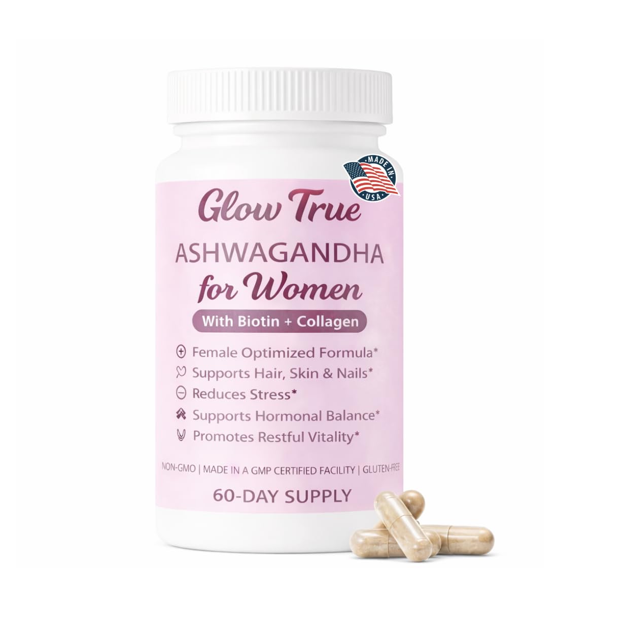 GlowTrue Ashwagandha Women bottle image showing calm mood support and daily resilience
