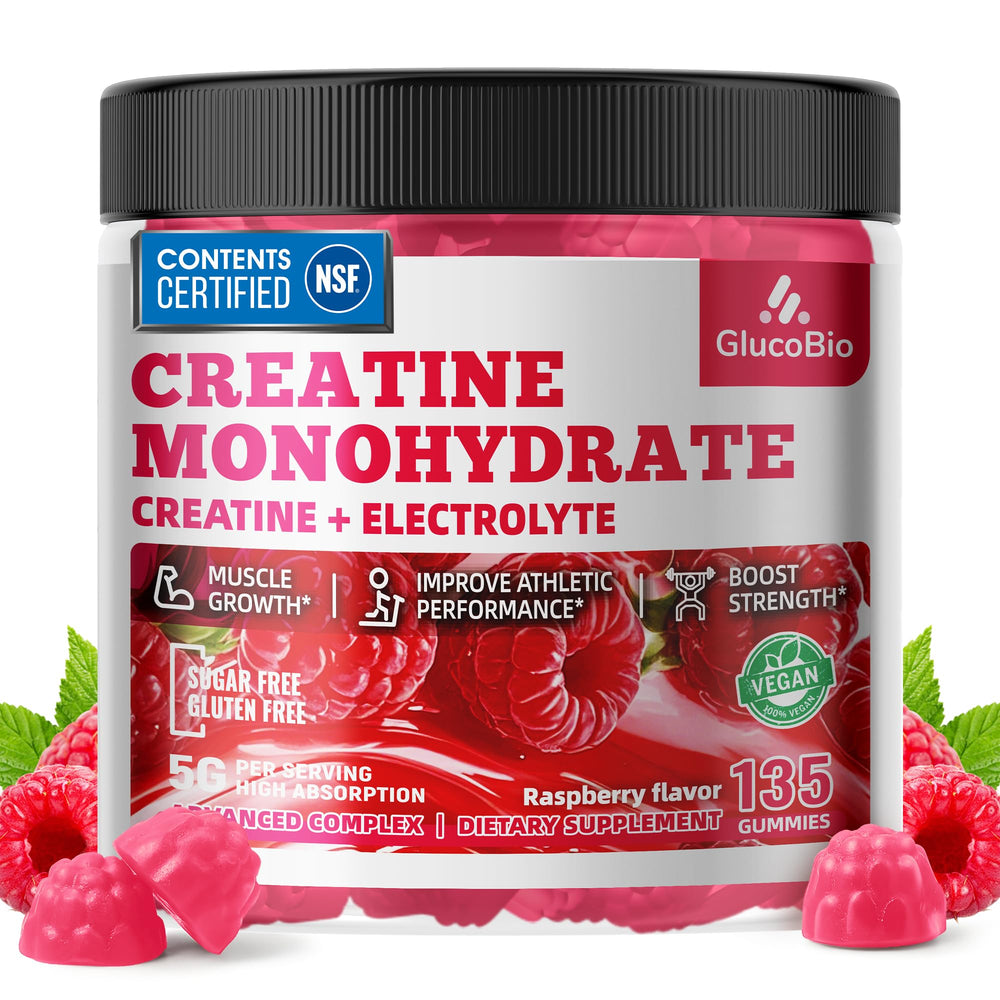 GlucoBio Creatine Monohydrate Gummies Raspberry bottle front for convenient pre-workout use.