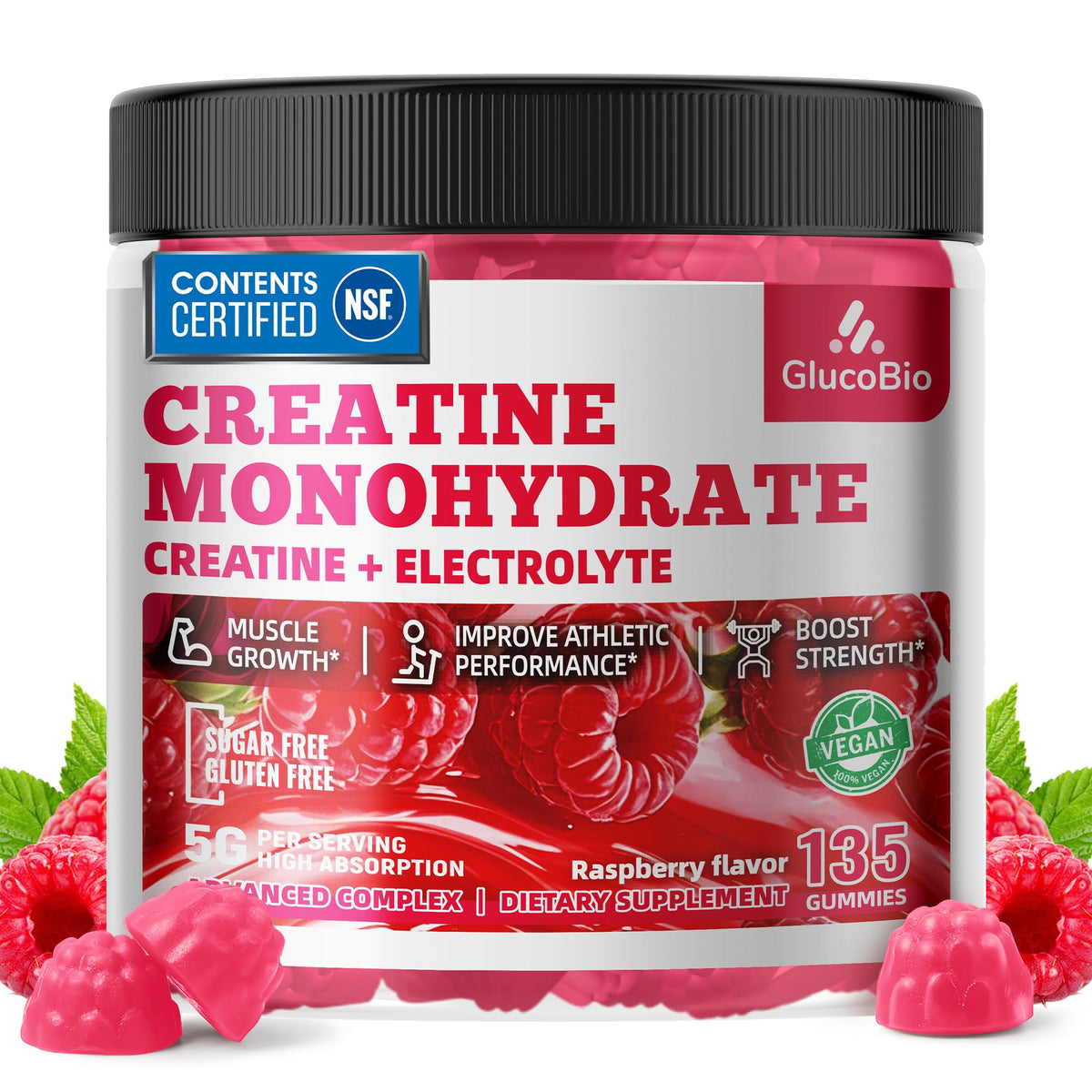 GlucoBio Creatine Monohydrate Gummies Raspberry bottle front for convenient pre-workout use.