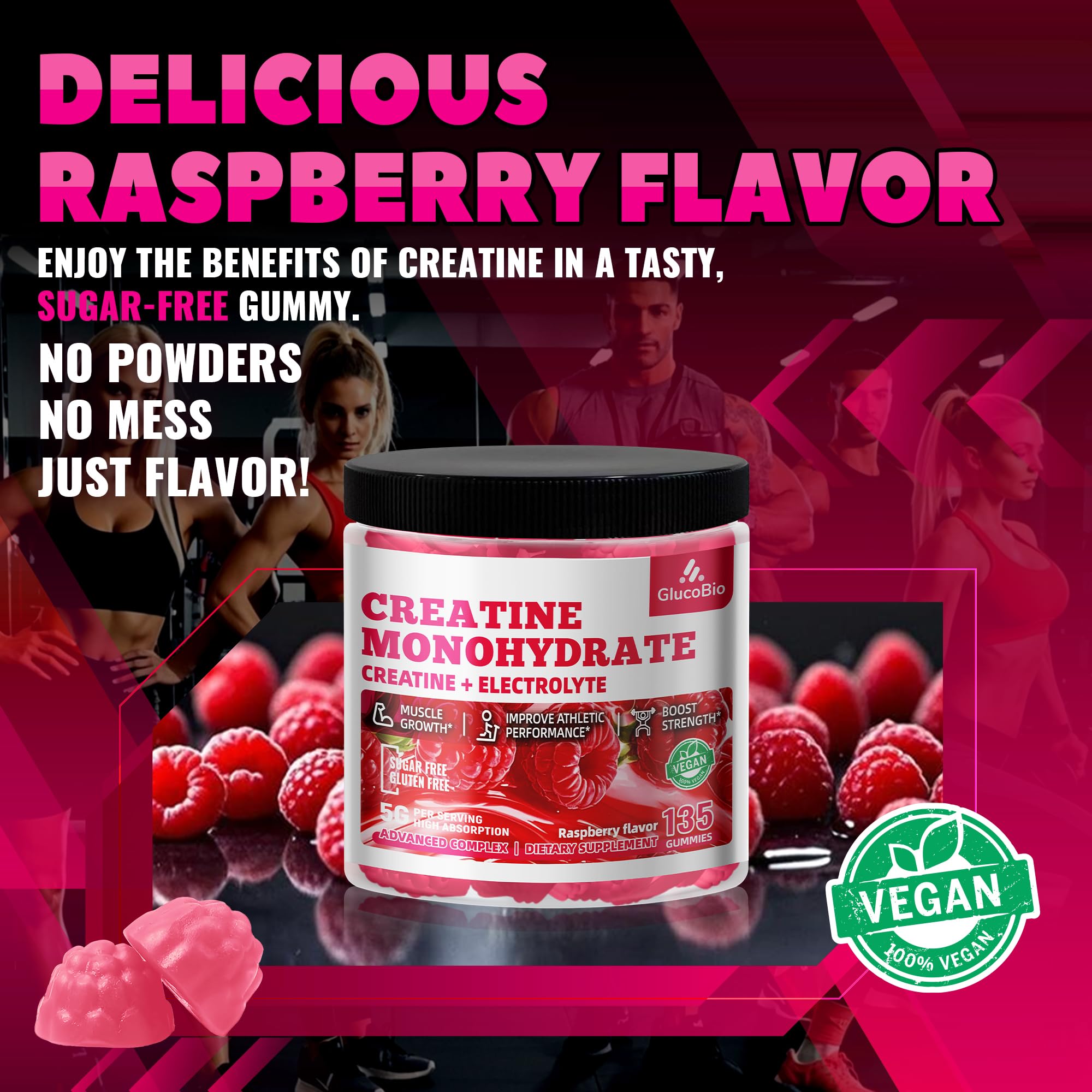 GlucoBio Creatine Monohydrate Gummies Raspberry bottle label confirms vegan and sugar-free formulation.