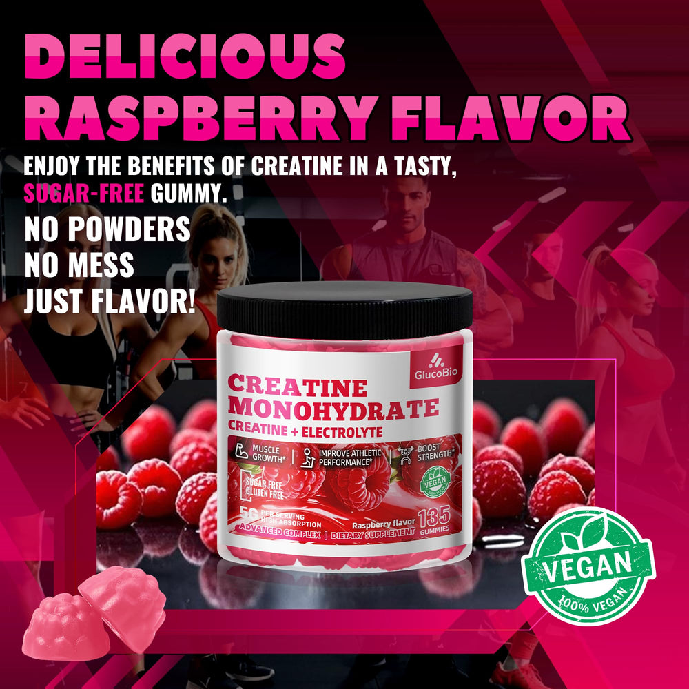 GlucoBio Creatine Monohydrate Gummies Raspberry bottle label confirms vegan and sugar-free formulation.