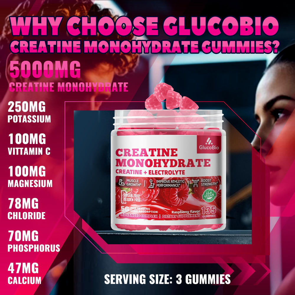 GlucoBio Creatine Monohydrate Gummies Raspberry serving shows three gummies per serving.