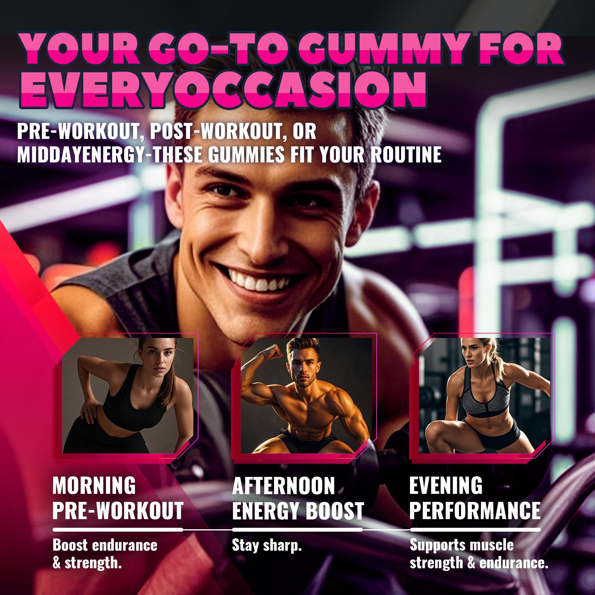 GlucoBio Creatine Monohydrate Gummies Raspberry use-anytime image shows flexible training days.