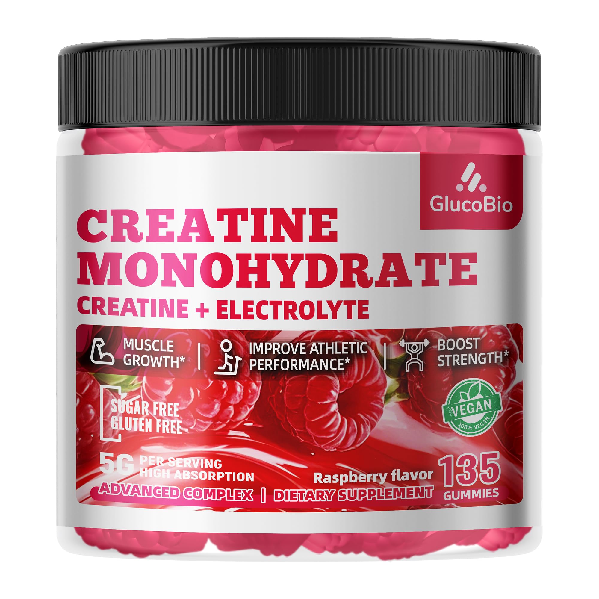 GlucoBio Creatine Monohydrate Gummies Raspberry vegetarian formula appeals to dietary preferences.