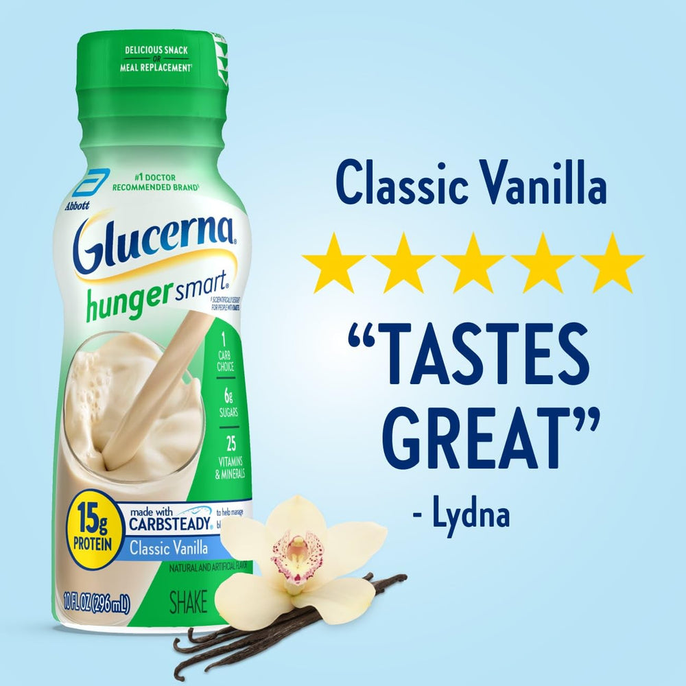 Glucerna Hunger Smart 24-pack carton on shelf, value for shareable family use.