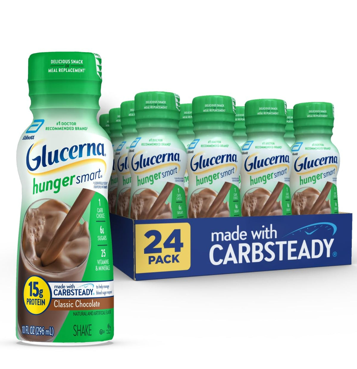 Glucerna Hunger Smart chocolate bottle shows a diabetes-friendly shake for steady energy.