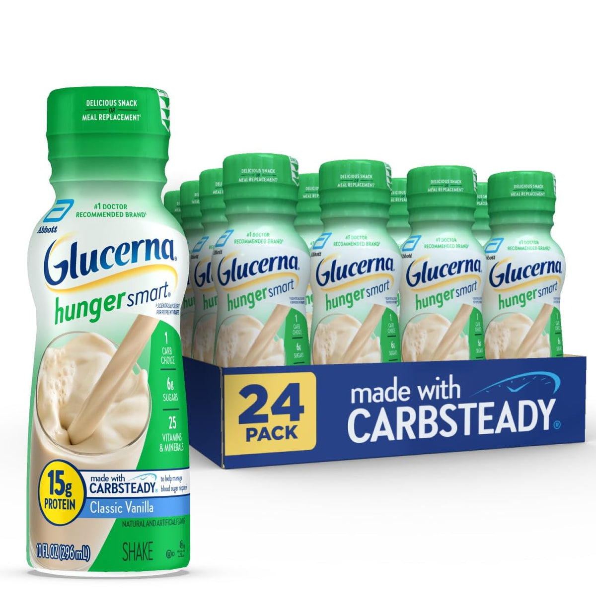 Glucerna Hunger Smart vanilla bottle, ready to drink for on-the-go meals.
