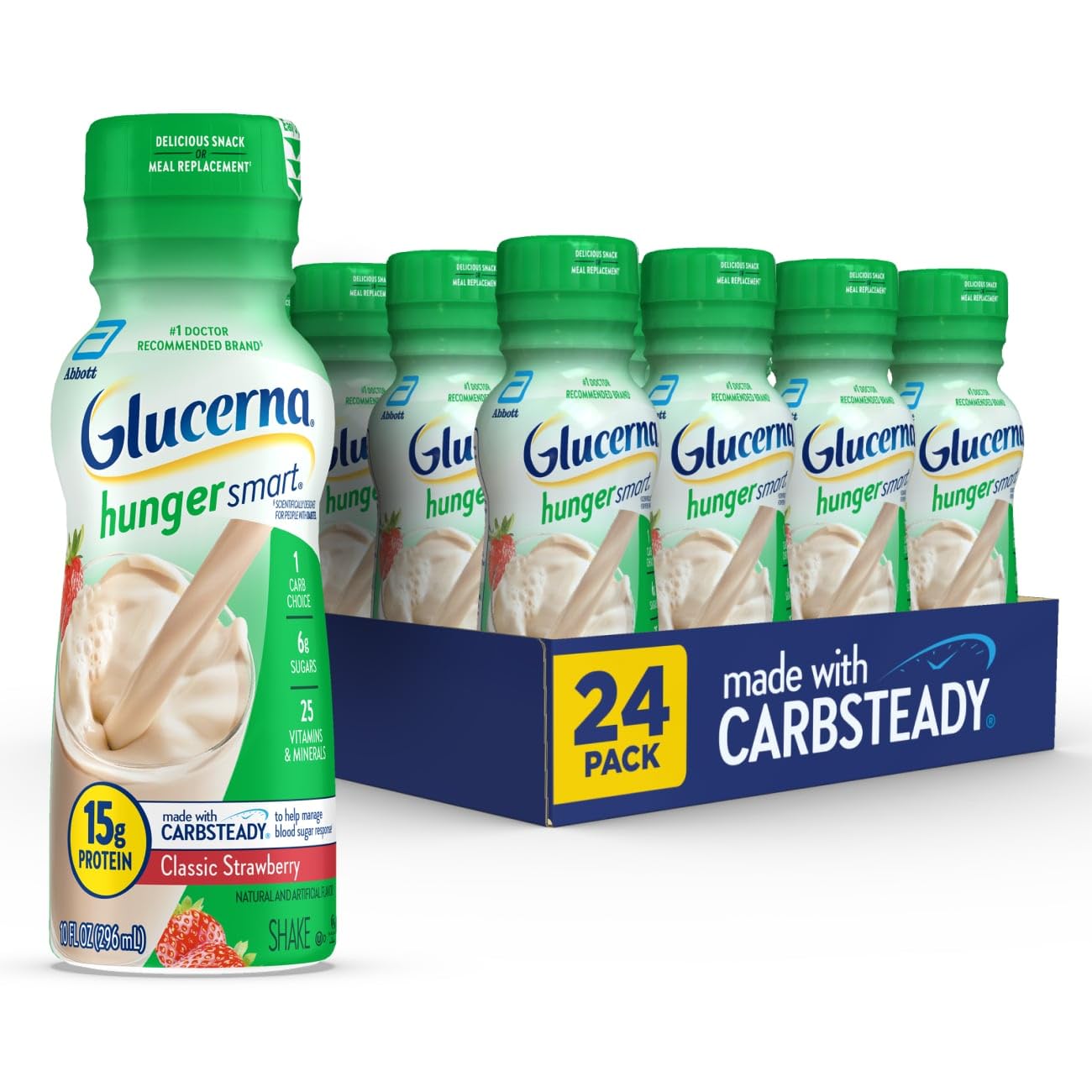 Glucerna Hunger Smart shake bottle in classic strawberry flavor for on-the-go nutrition.