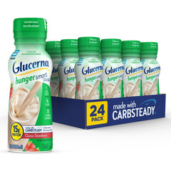 Glucerna Hunger Smart shake bottle in classic strawberry flavor for on-the-go nutrition.
