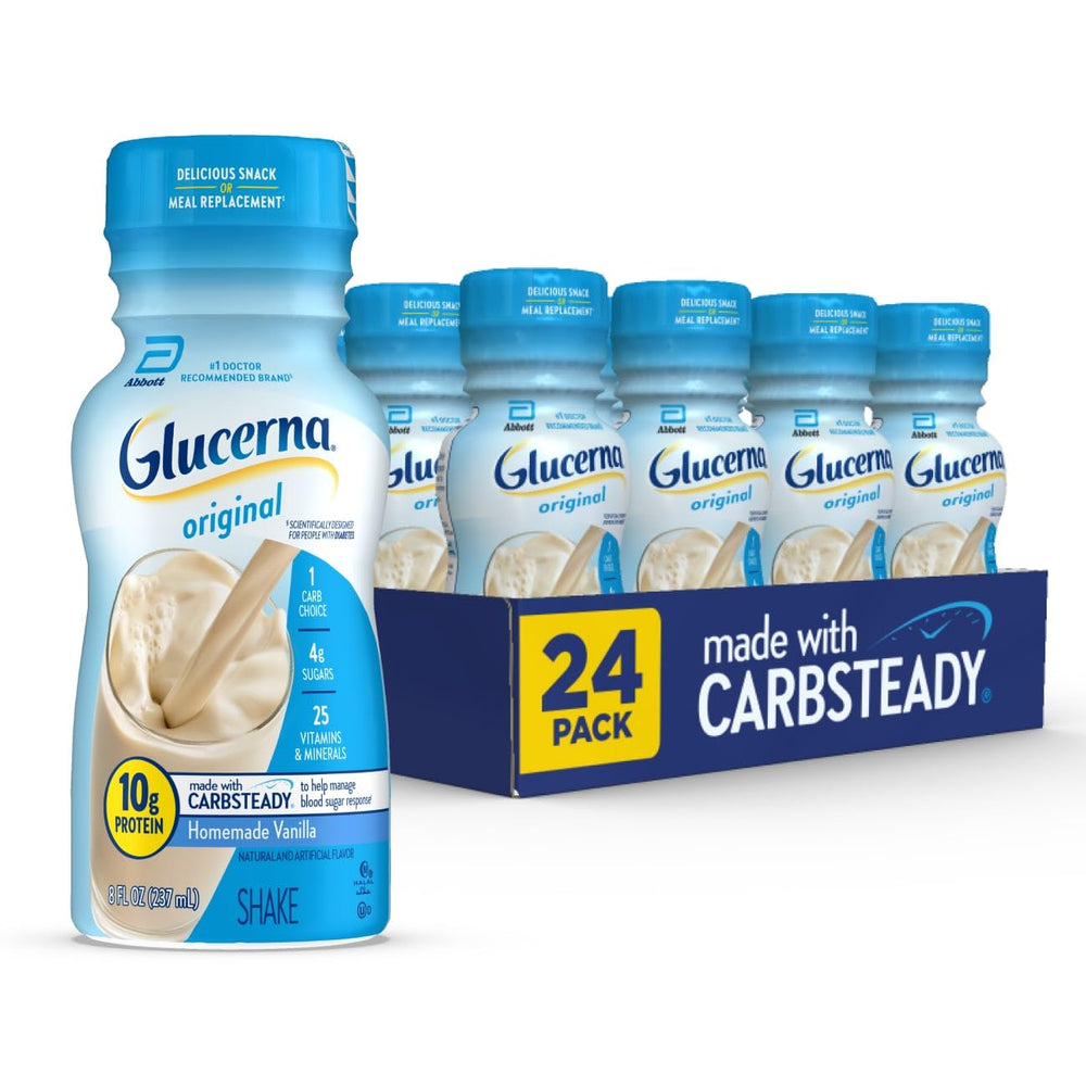 Glucerna Original bottle pour showing ready to drink nutrition for balanced blood sugar