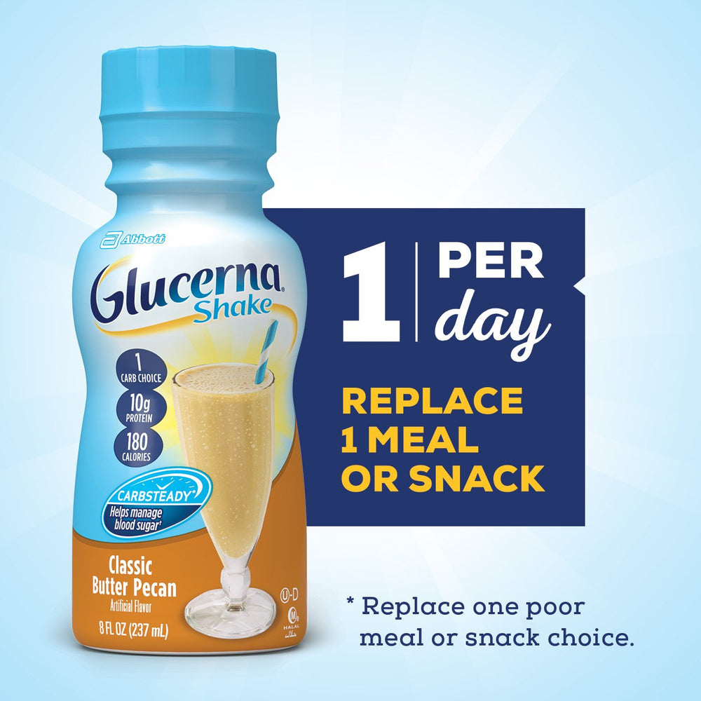 Glucerna Original Butter Pecan 8 fl oz bottle on shelf, gluten-free and lactose-friendly.