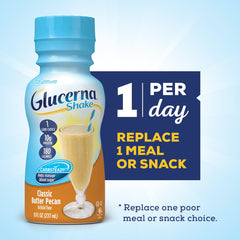 Glucerna Original Butter Pecan 8 fl oz bottle on shelf, gluten-free and lactose-friendly.