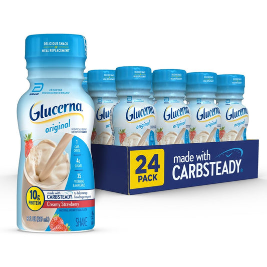 Glucerna Original strawberry bottle ready to sip for a balanced snack.
