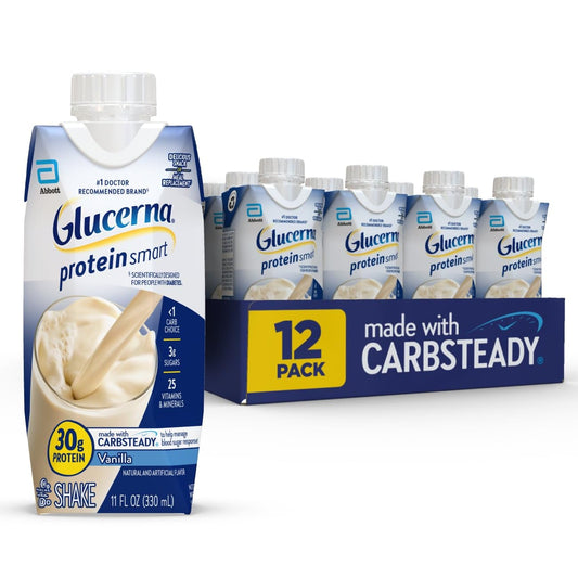 Glucerna Protein Smart vanilla bottle with nutrition facts for diabetes-friendly meal replacement.