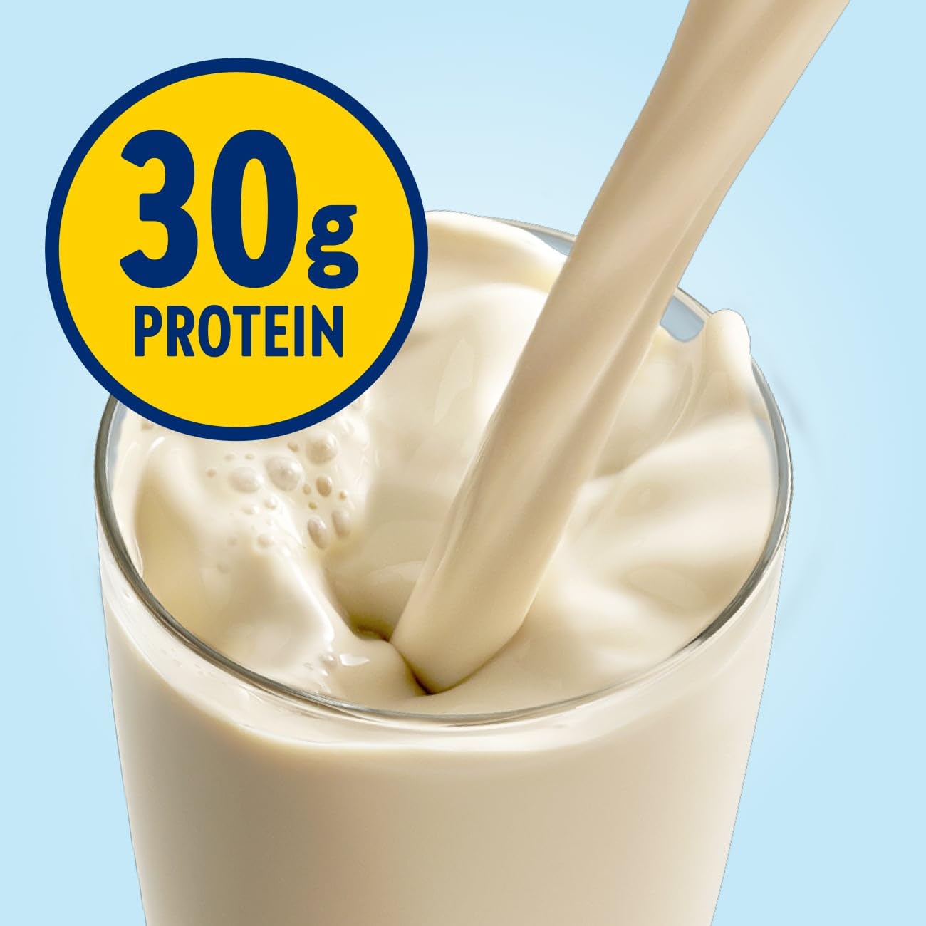 Glucerna Protein Smart vanilla shake close-up highlighting 30g protein for muscle support.