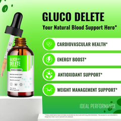 Gluco Delete Drops label close-up emphasizes clear branding and ingredient transparency.
