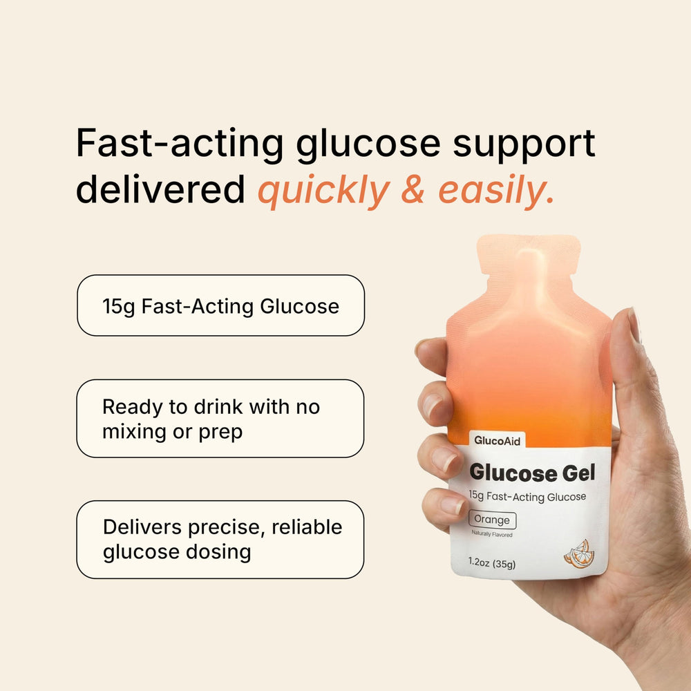 GlucoAid gel packet dispensing for fast glucose intake.