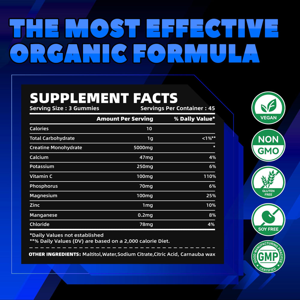 GlucoBio Creatine Gummies blueberry flavor close-up highlights tasty pre-workout option.