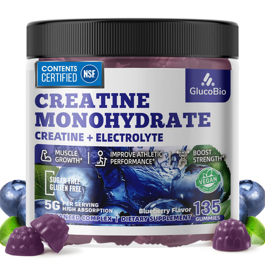 GlucoBio Creatine Monohydrate Gummies bottle front offers convenient daily use with blueberry flavor.