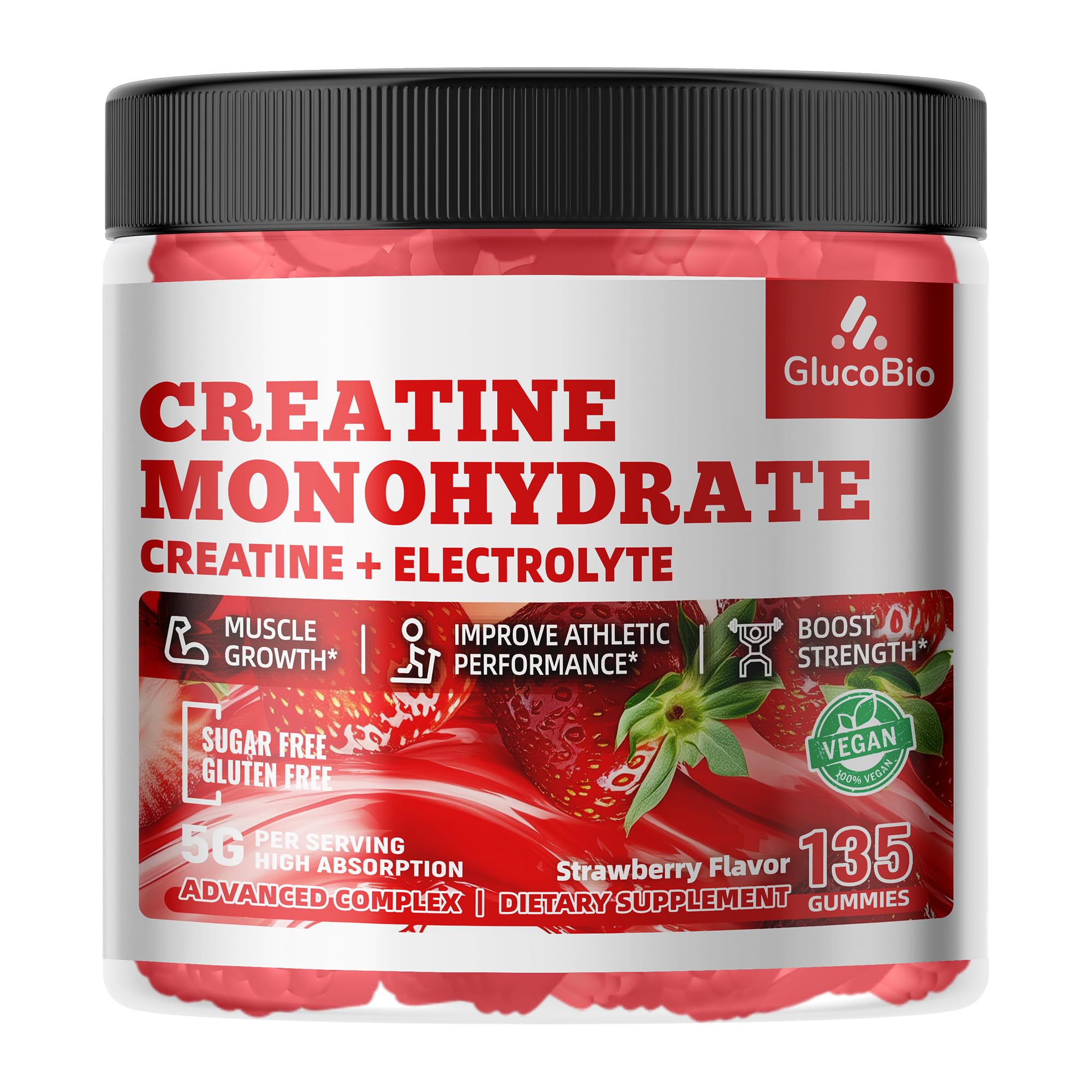 GlucoBio bottle front shows vegan creatine gummies for workout energy.