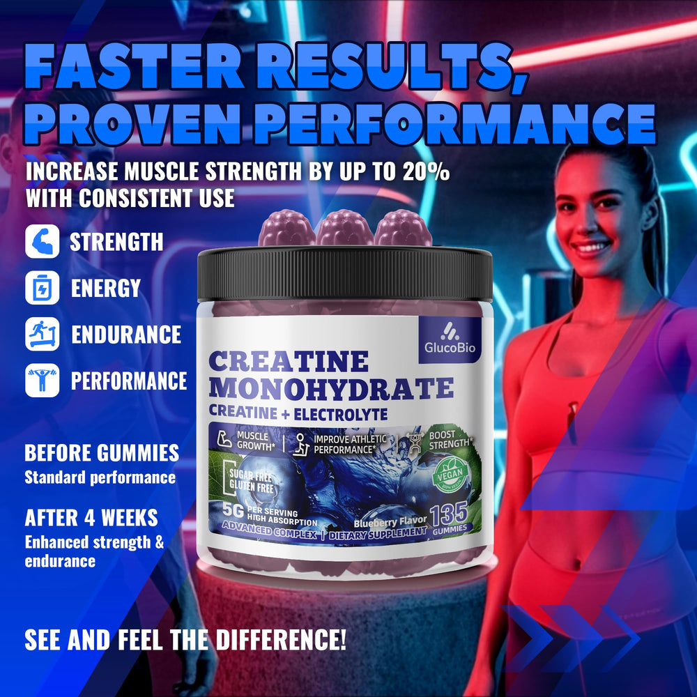 GlucoBio Creatine Gummies nutrition label visible, noting non-GMO and gluten-free formulation.