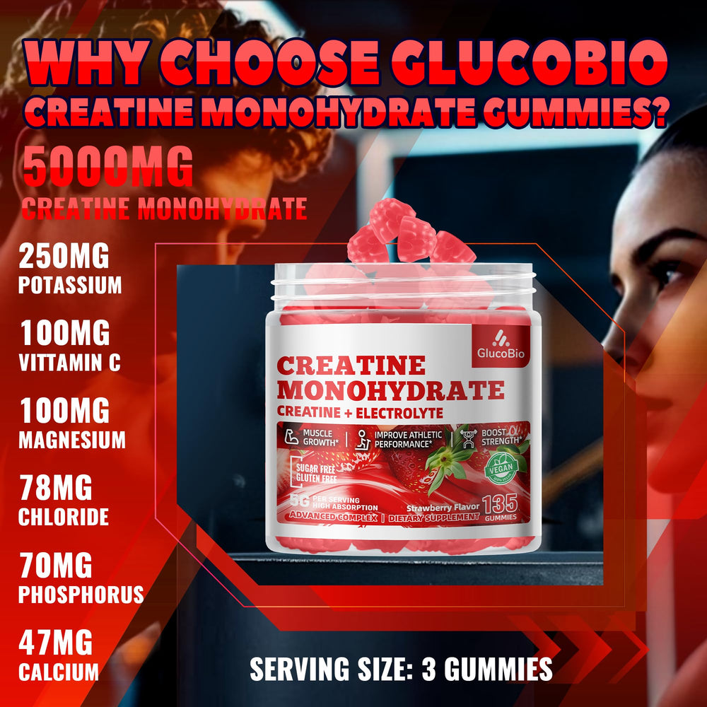GlucoBio nutrition label highlights 5g creatine per serving for strength.