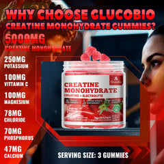 GlucoBio nutrition label highlights 5g creatine per serving for strength.