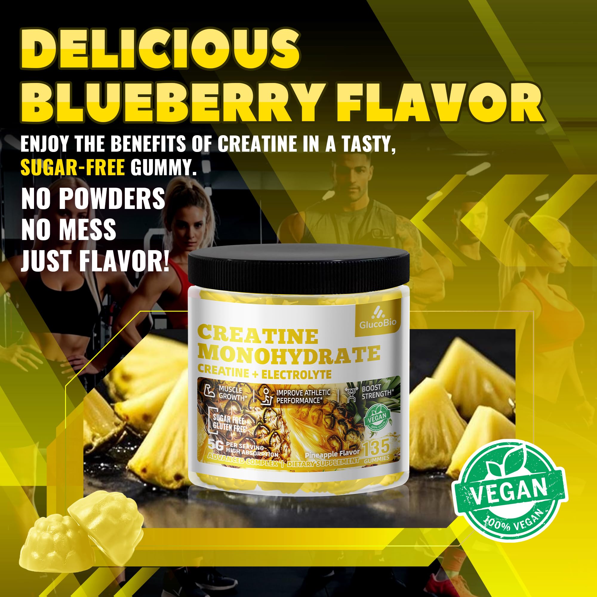 GlucoBio pineapple-electrolyte gummies displayed with gym gear, offering refreshing flavor and electrolyte support