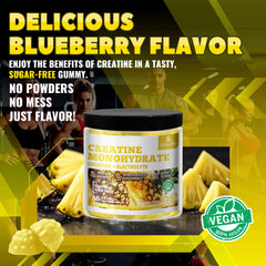 GlucoBio pineapple-electrolyte gummies displayed with gym gear, offering refreshing flavor and electrolyte support