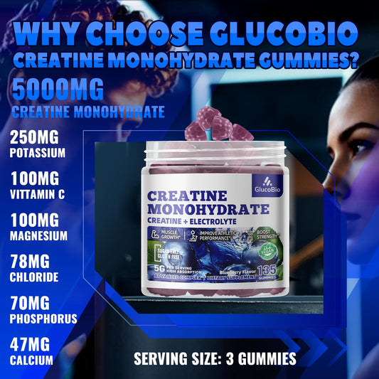 GlucoBio Creatine Gummies three-gummy serving demonstrates easy dosing for workouts.