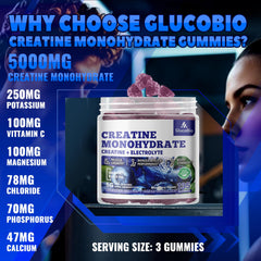 GlucoBio Creatine Gummies three-gummy serving demonstrates easy dosing for workouts.