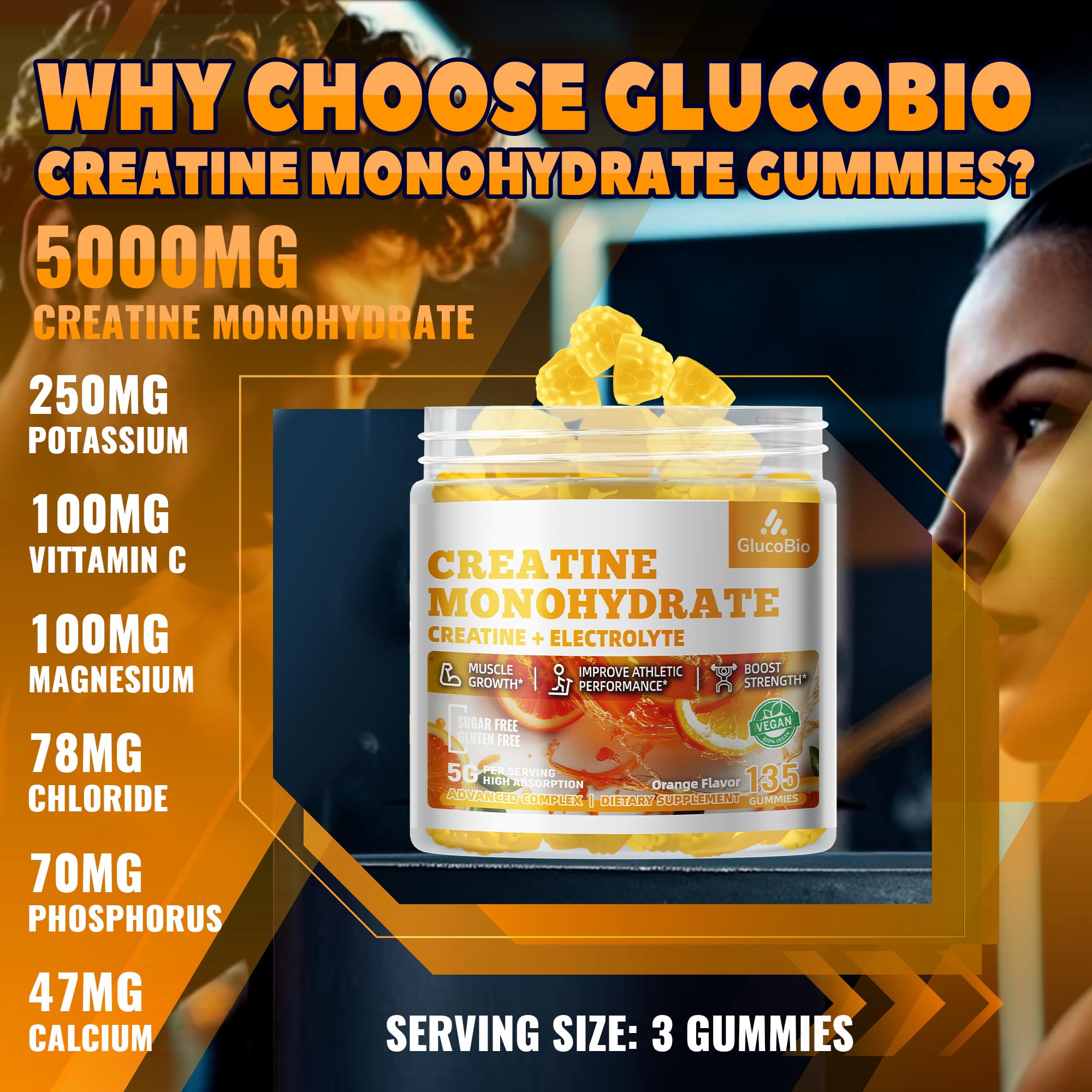 Serving portion of GlucoBio gummies shows three-gummy serving for workouts.