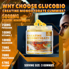 Serving portion of GlucoBio gummies shows three-gummy serving for workouts.