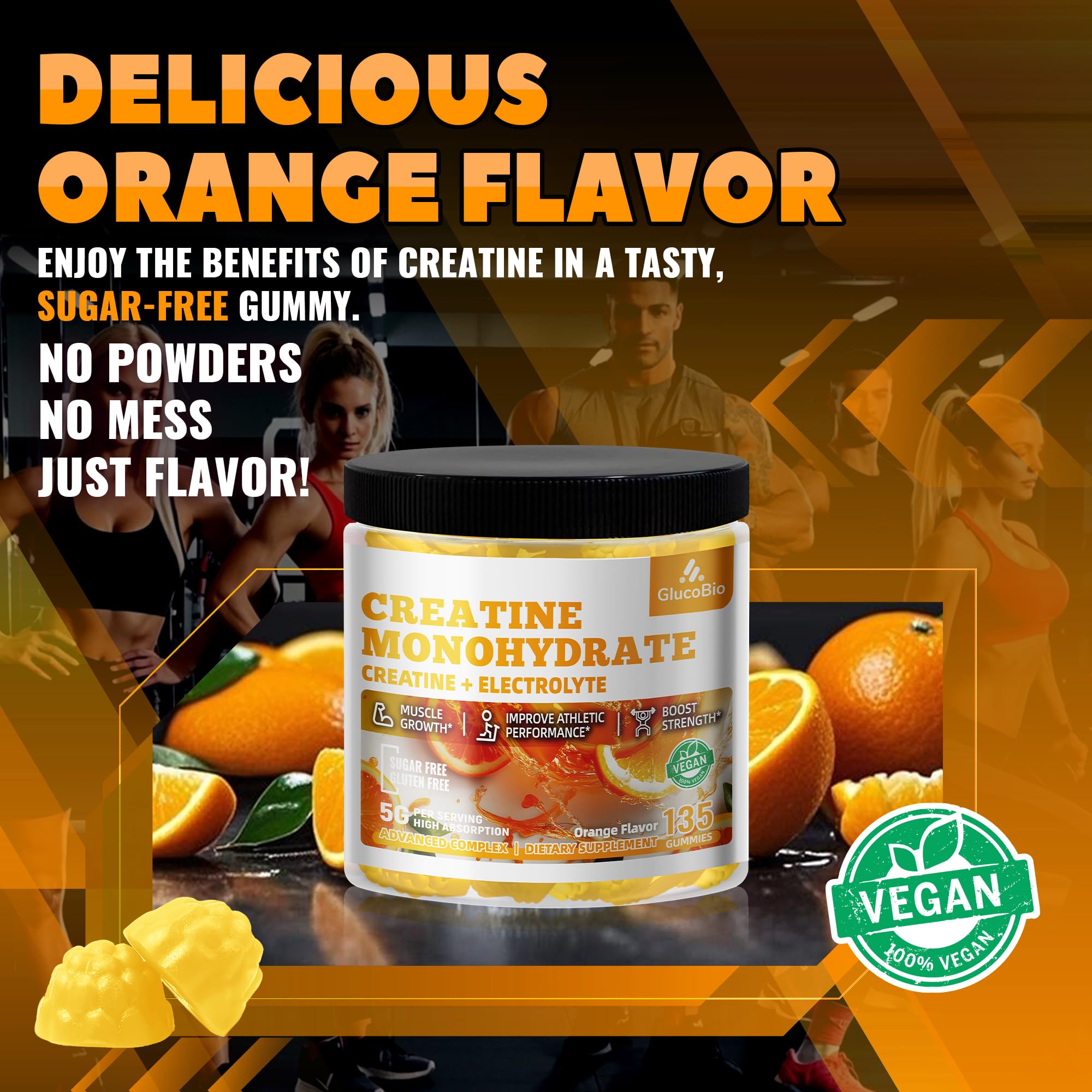 Vegan sugarfree creatine gummies label emphasizes clean allergen-friendly nutrition.