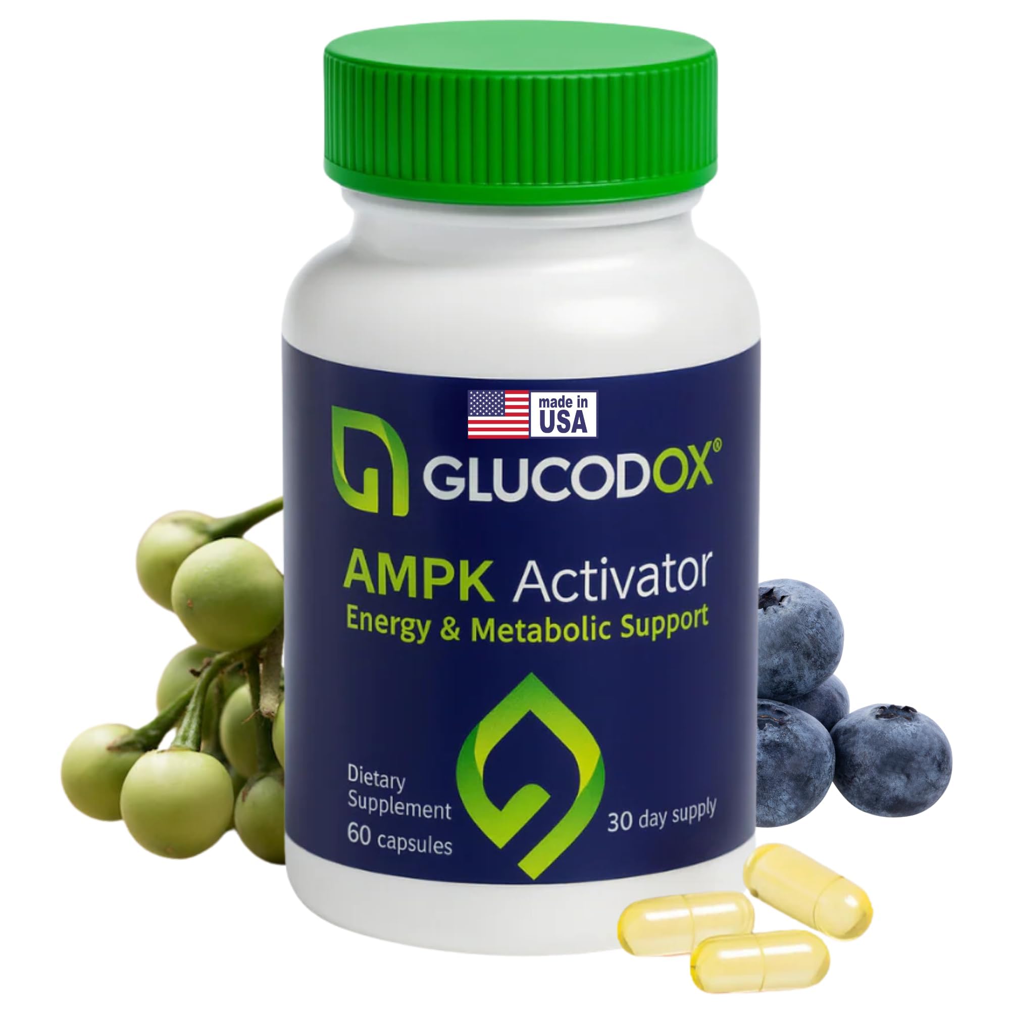 GlucodOX AMPK Activator bottle with pour showing daily dosage for metabolism support.