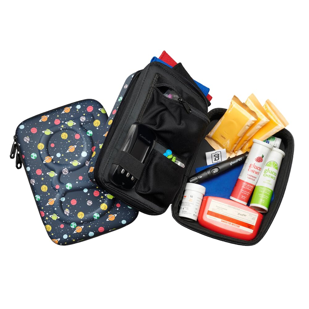 Glucology travel case with hard shell protects glucose monitor and insulin pens during travel.