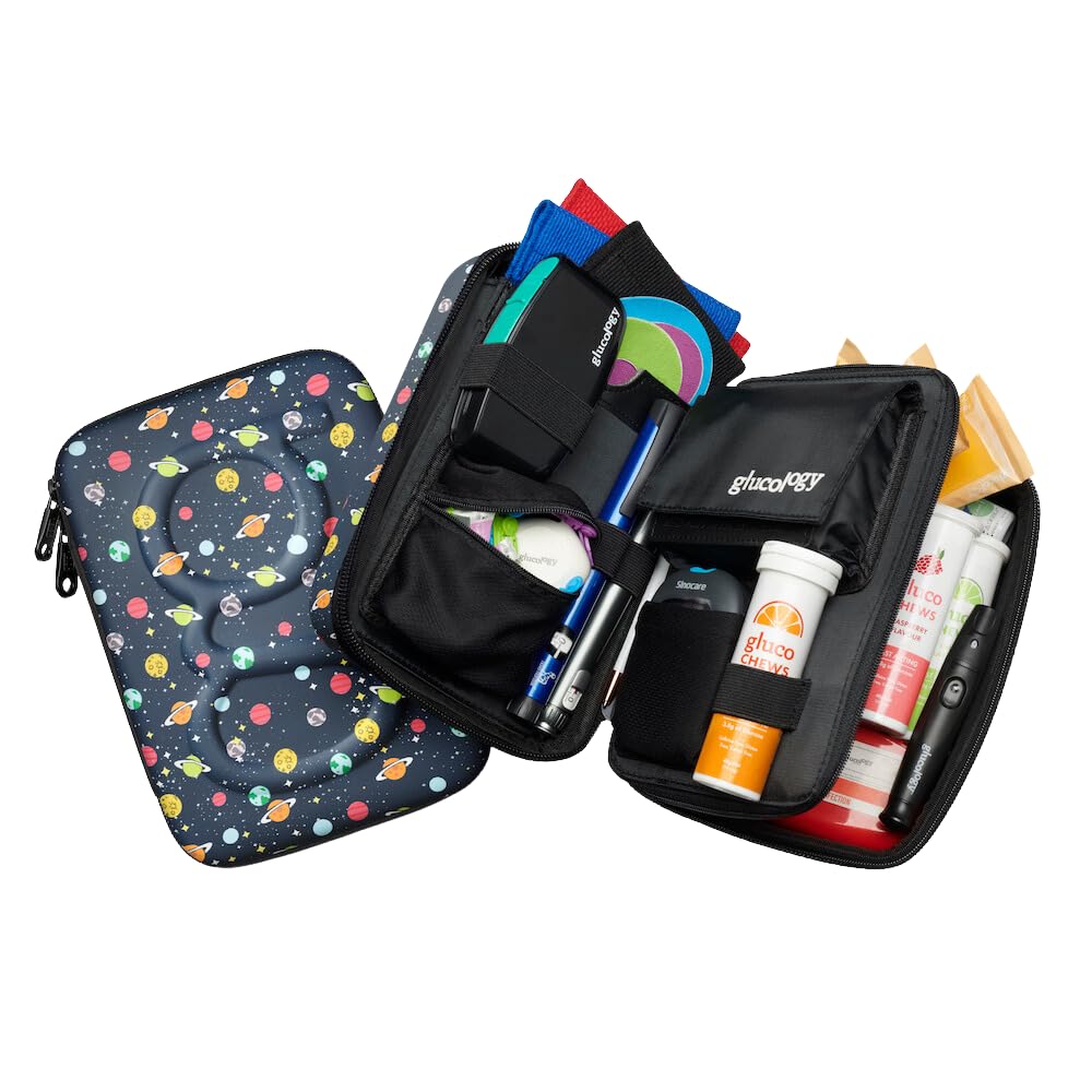 Glucology case featuring multiple compartments and elastic loops for easy organization.