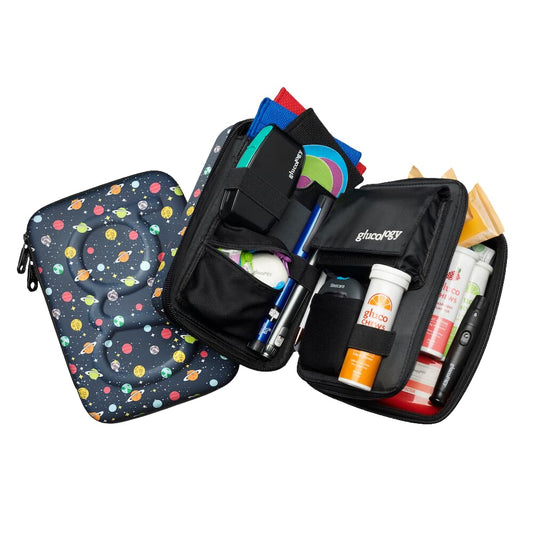 Glucology case featuring multiple compartments and elastic loops for easy organization.