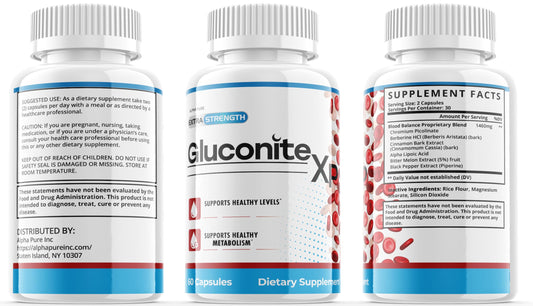 GLUCONITE 1XP bottle front indicates extra-strength formula for daily wellness support