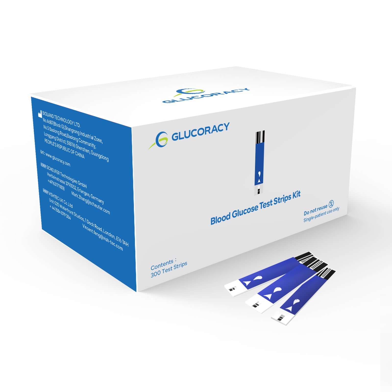 Glucoracy 300-count test strips bottle for convenient home glucose monitoring.