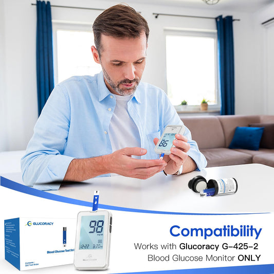 Glucoracy G-425-2 monitor with strip insertion for fast results.