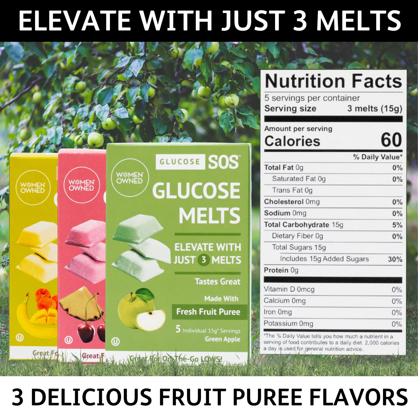 Three fruit flavors in Glucose SOS Melts box for diverse tastes