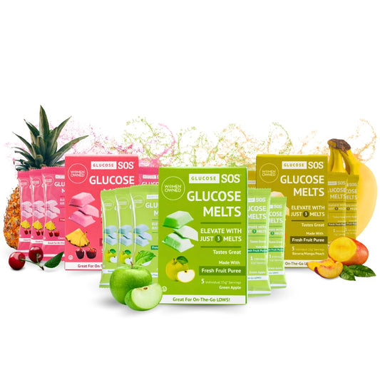 Glucose SOS Melts fruit-flavor packet on table for quick energy
