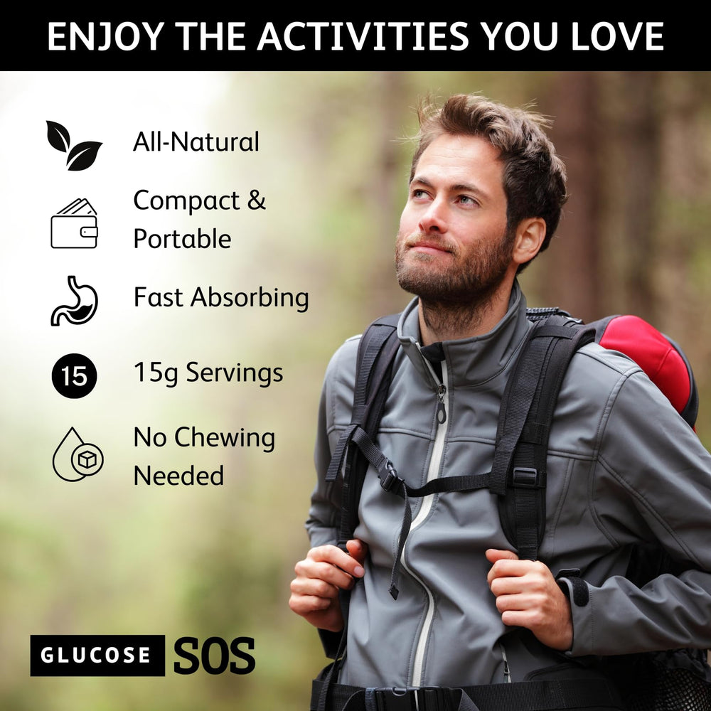 Glucose SOS Melts packets in a bag show portability for on-the-go
