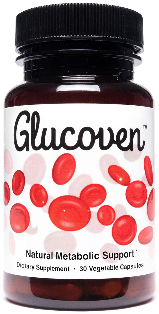 Glucoven bottle front with natural ingredients for metabolic support.