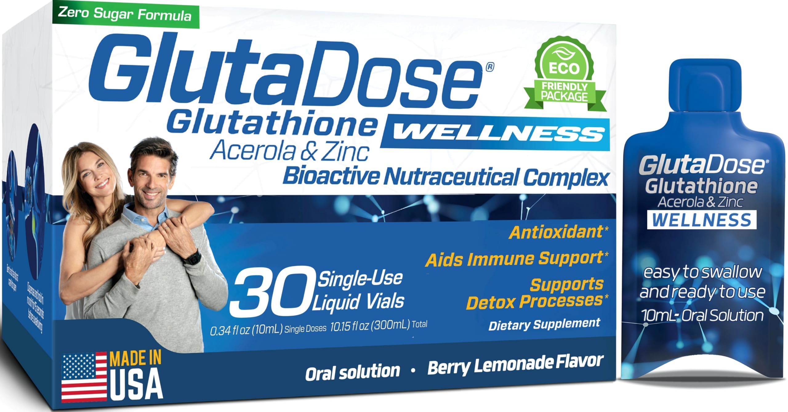 GlutaDose liquid glutathione bottle with lemon berry flavor for daily immune support.